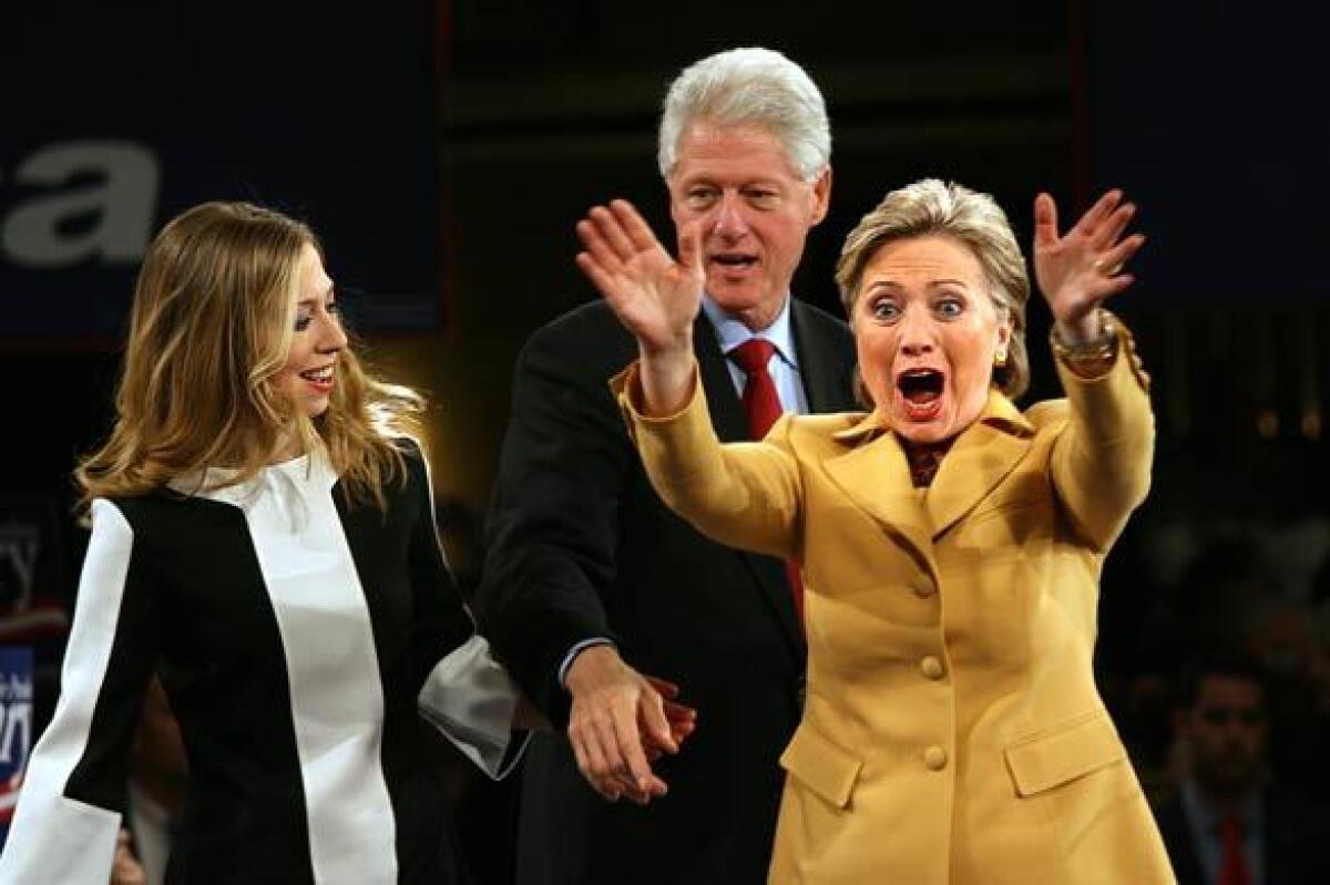 Super Tuesday, Feb. 5, is considered a split decision: Clinton -- here greeting supporters in New York -- wins nine states plus American Samoa. Obama wins 13 states. (John Edwards ended his presidential bid a week earlier.) After the dust settles, Clinton reveals that she loaned her campaign $5 million.