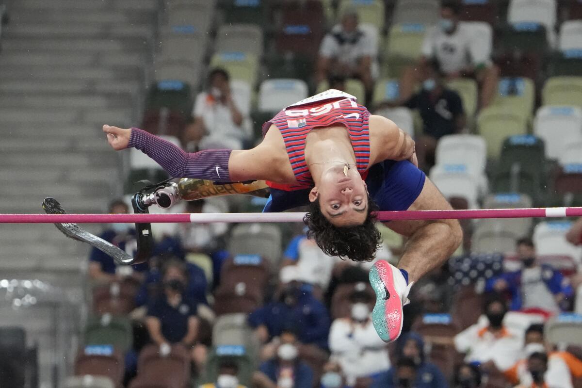 Ezra Frech in the men's high jump T63 final during the Tokyo Paralympics.
