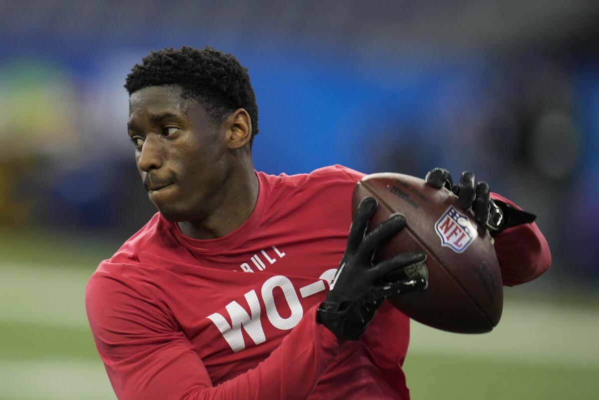 USC wide receiver Jordan Addison runs a drill at the NFL scouting combine in Indianapolis.