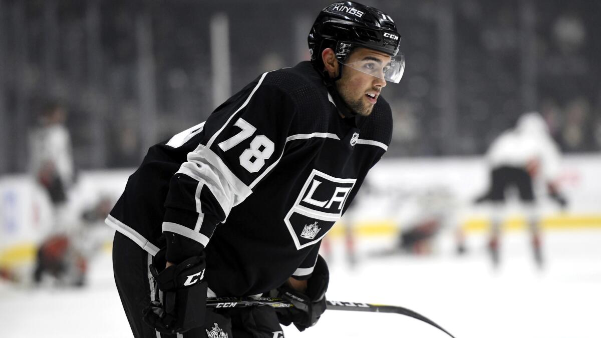 Kings center Alex Iafallo, shown warming up for a game earlier this season, has four points this season after getting his first NHL goal on Saturday.