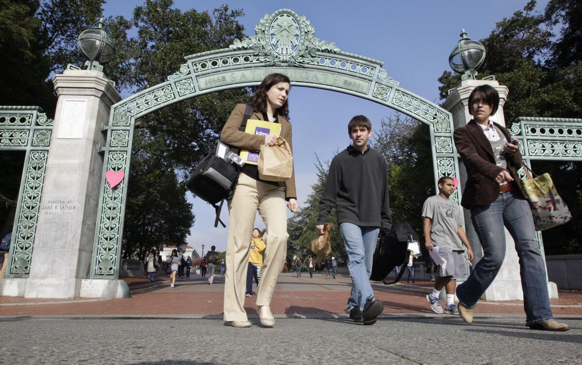 Students walk through Sather Gate on the UC Berkeley campus.