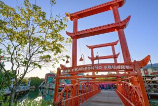 The San Fransokyo Gate Bridge stands at the entrance to San Fransokyo Square at Disney California Adventure Park.
