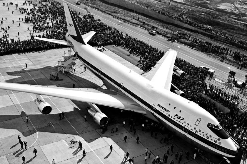 On Sept. 30, 1968, the first Boeing 747 jumbo jet was rolled out of the Everett, Wash., assembly building before the world's press and representatives of the 26 airlines that had ordered the plane, and first flight took place on Feb. 9, 1969.
