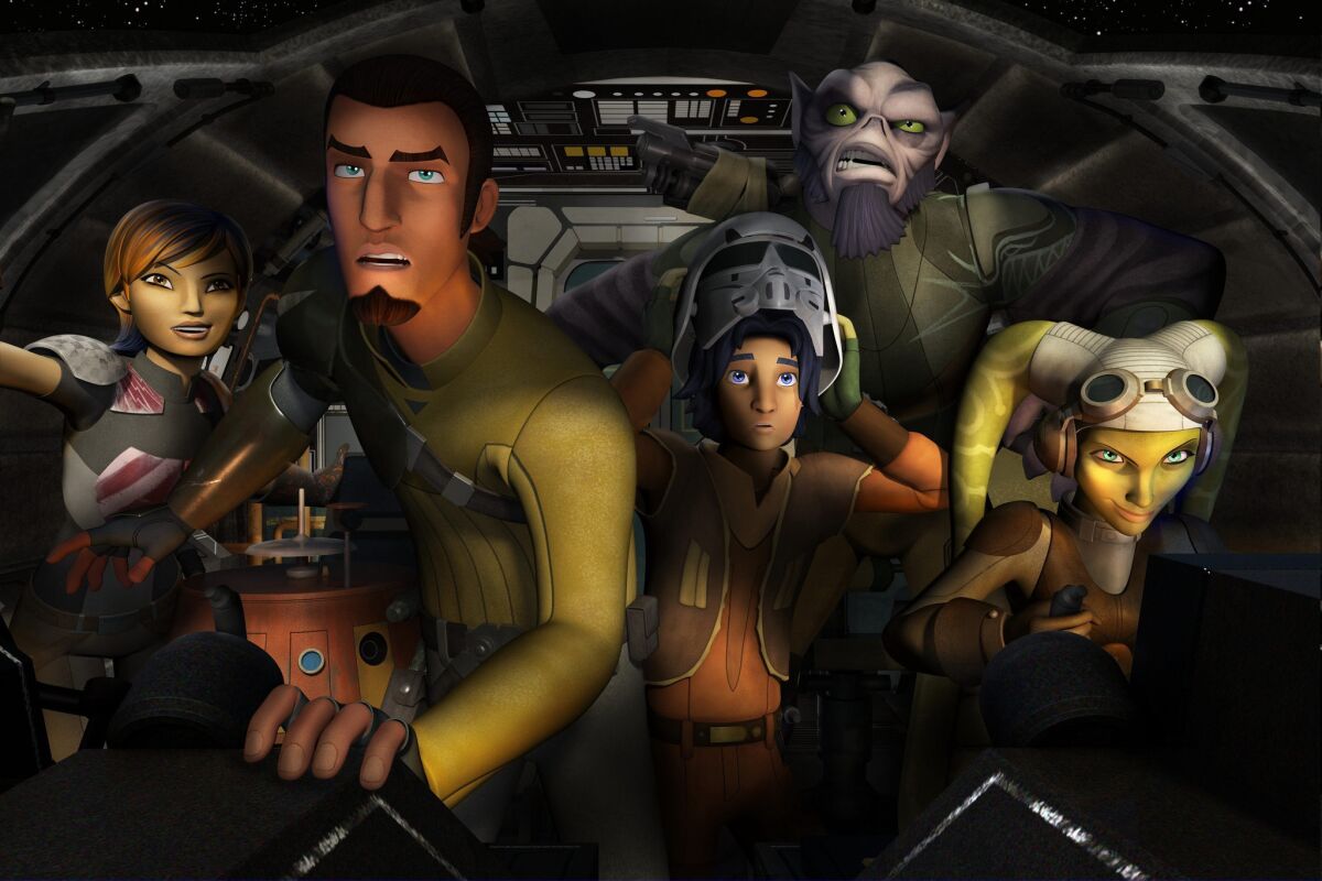 Kanan Jarrus, second from the left, and the Ghost crew in "Star Wars Rebels."