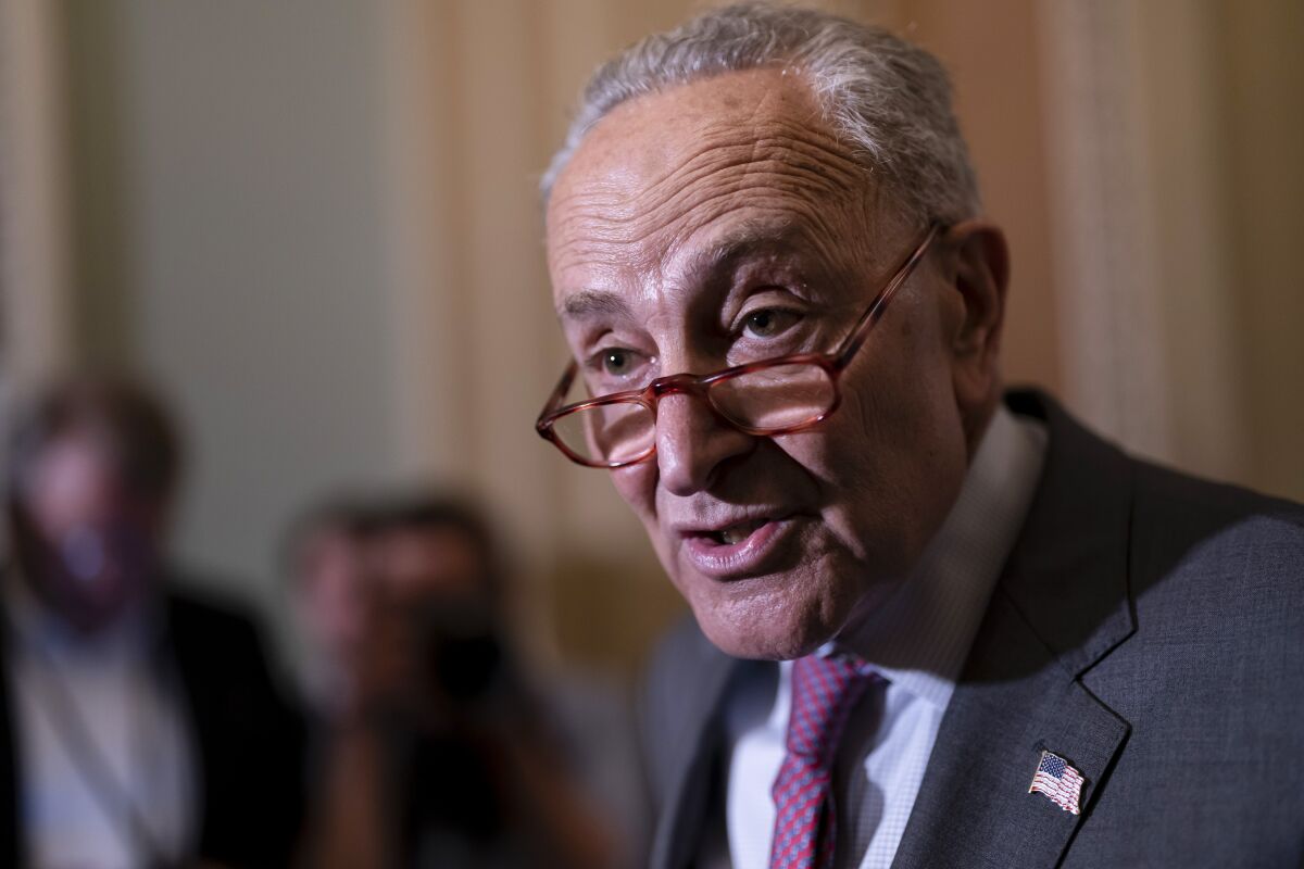FILE - Senate Majority Leader Chuck Schumer, D-N.Y., takes a question during a news conference