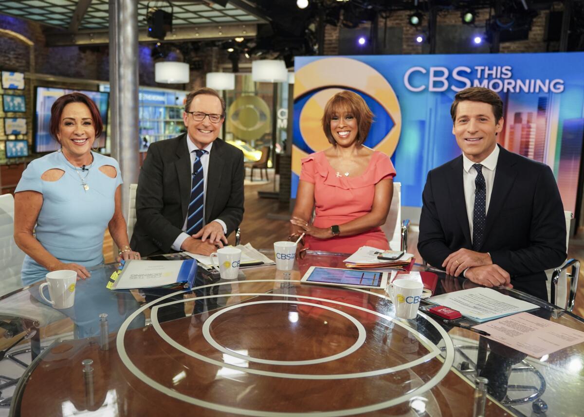 "CBS This Morning" co-hosts Gayle King, Anthony Mason and Tony Dokoupil interview Patricia Heaton (far left) in 2019. 
