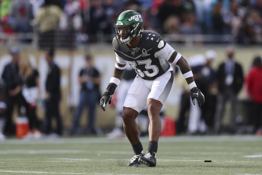 AFC safety Jamal Adams, of the New York Jets, in coverage during the NFL Pro Bowl football game against the NFC, Sunday, Jan. 26, 2020, in Orlando, Fla. (AP Photo/Steve Luciano)