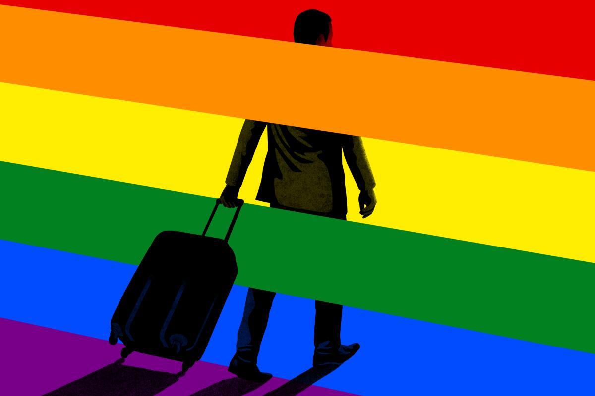 An illustration of a person pulling a rolling suitcase through rainbow stripes