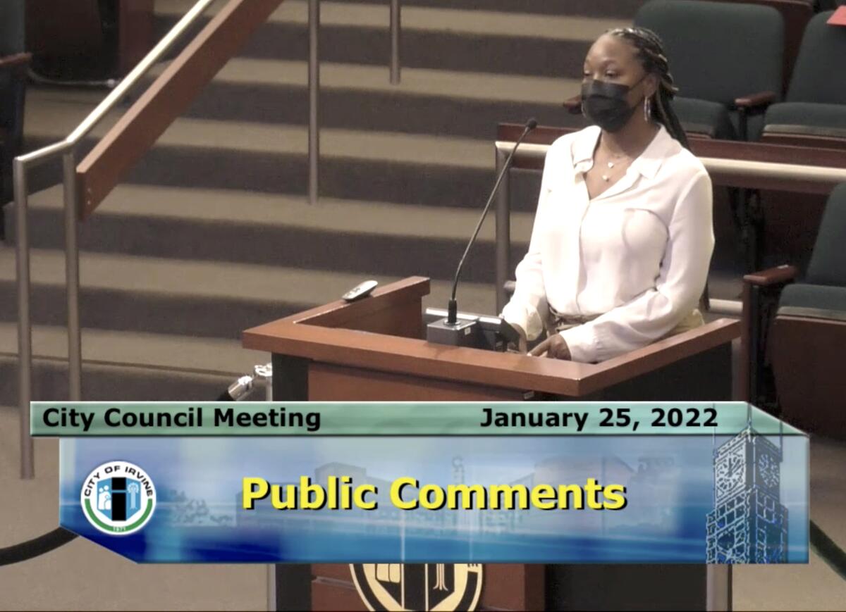 Sabrina Brown, the mother of Makai Brown, addressed the Irvine City Council.