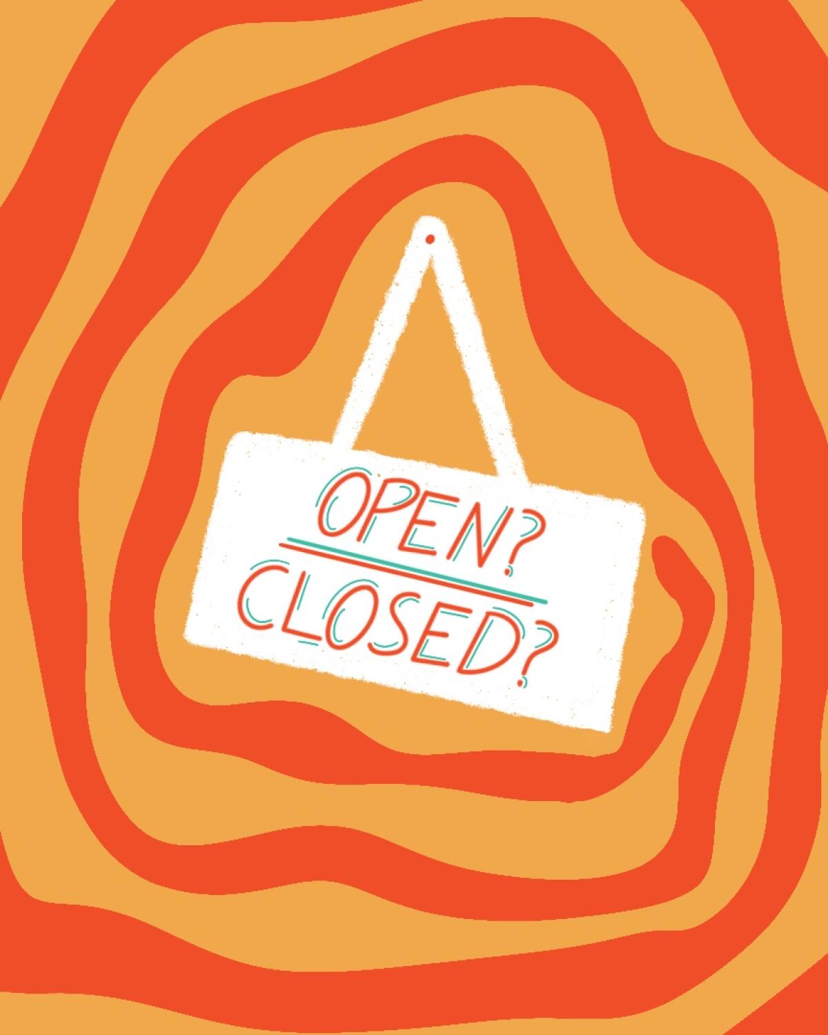 An illustration of a sign that indicates confusion over what's open and closed these days.