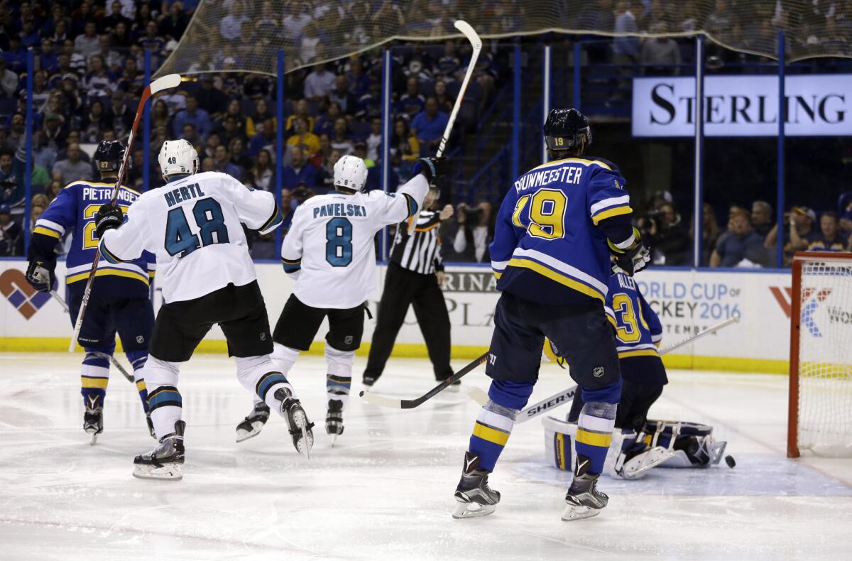 Sharks center Joe Pavelski (8) celebrates after scoring a goal during the third period in Game 5 of the Western Conference finals against the St. Louis Blues.
