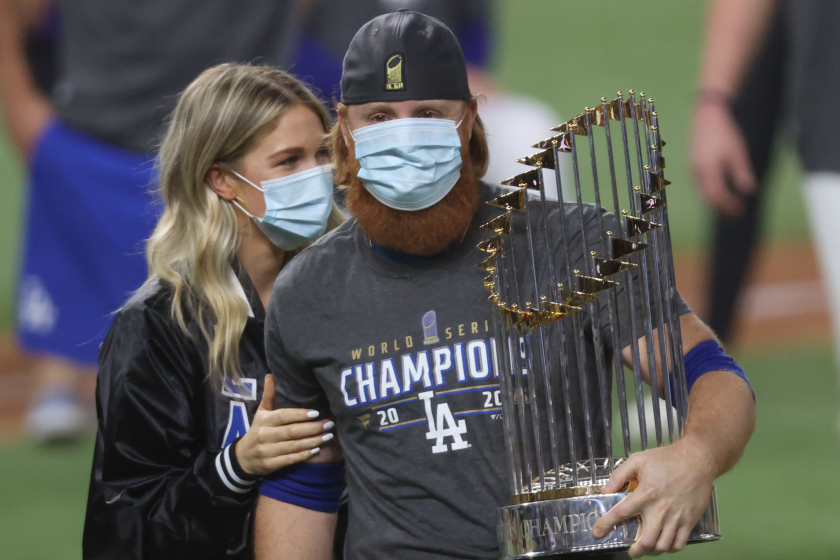 ARLINGTON, TEXAS - OCTOBER 27: Justin Turner #10 of the Los Angeles Dodgers and his wife Kourtney Pogue.
