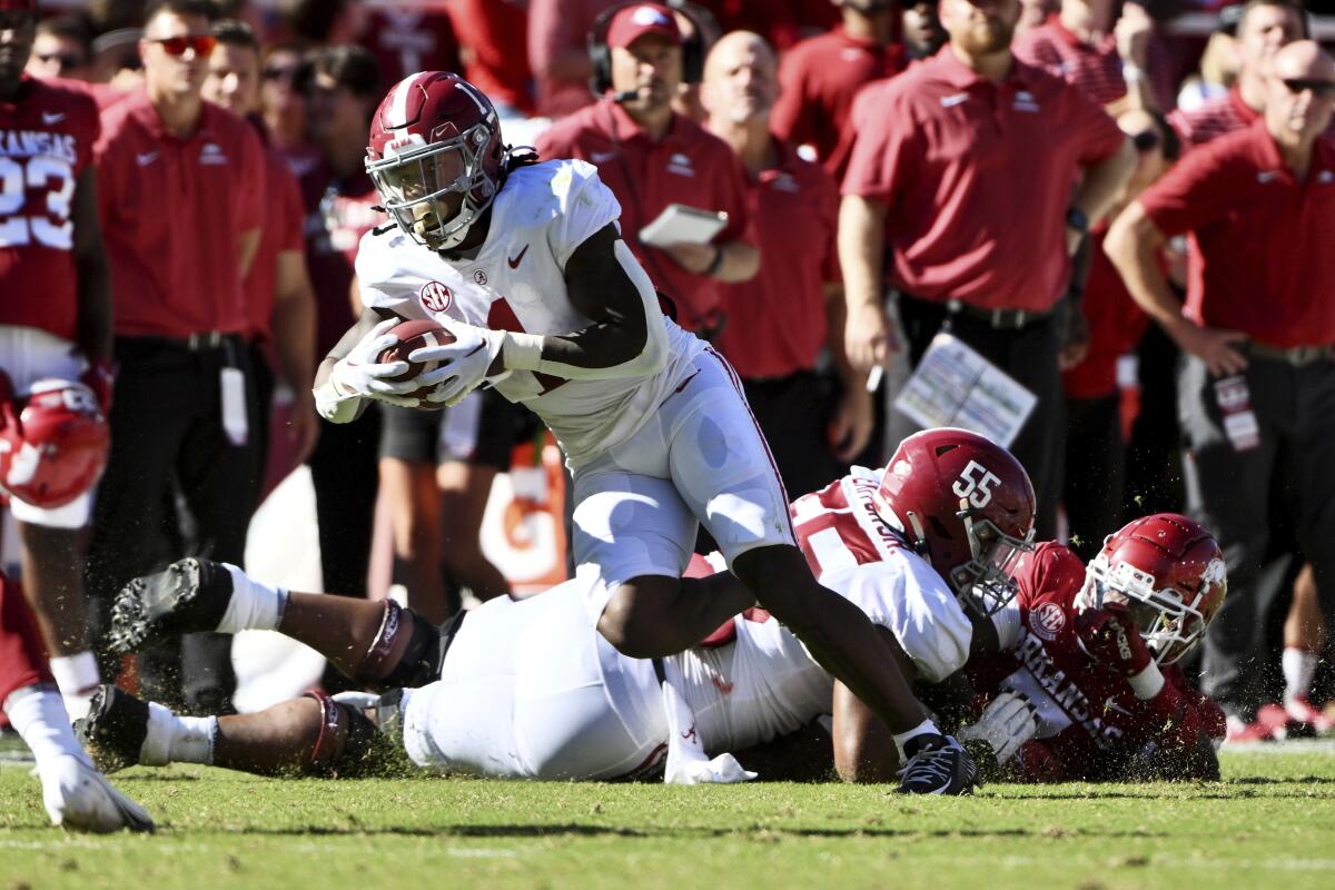 Alabama running back Jahmyr Gibbs carries against Arkansas.