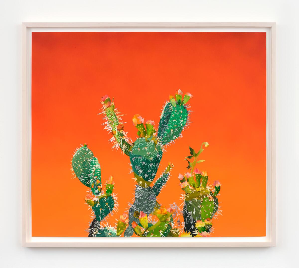 Francesca Gabbiani's art shows spiked green cactus set against a  hot orange background.