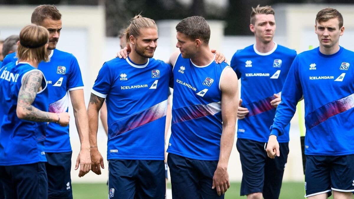 Iceland's players attend a training session on June 17 during the Russia 2018 World Cup football tournament.