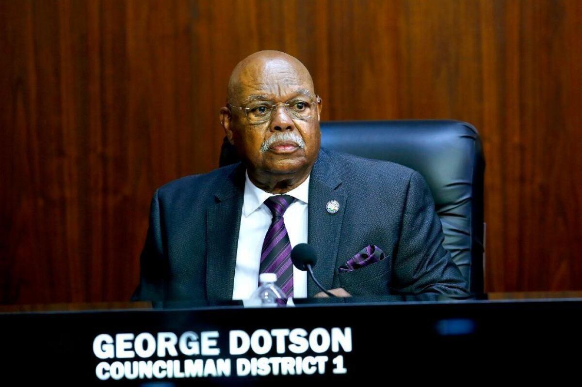Inglewood City Councilman George Dotson, pictured at Tuesday's meeting, has not repaid the loans.