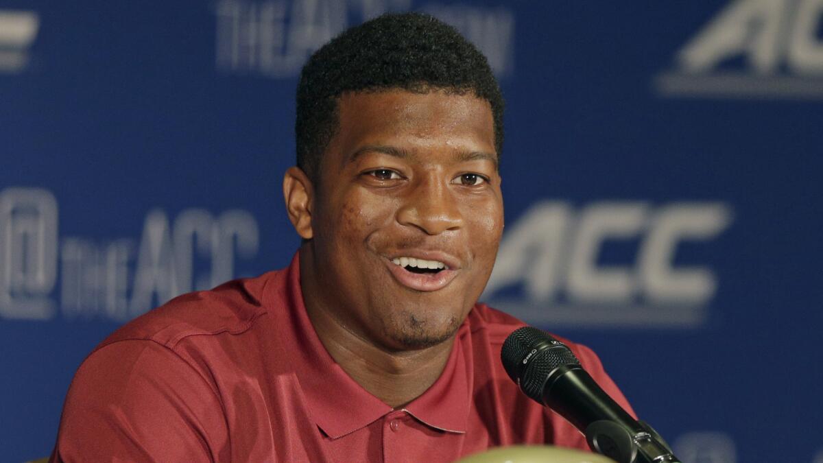 Florida State quarterback Jameis Winston answers a question during an Atlantic Coast Conference news conference on July 20.