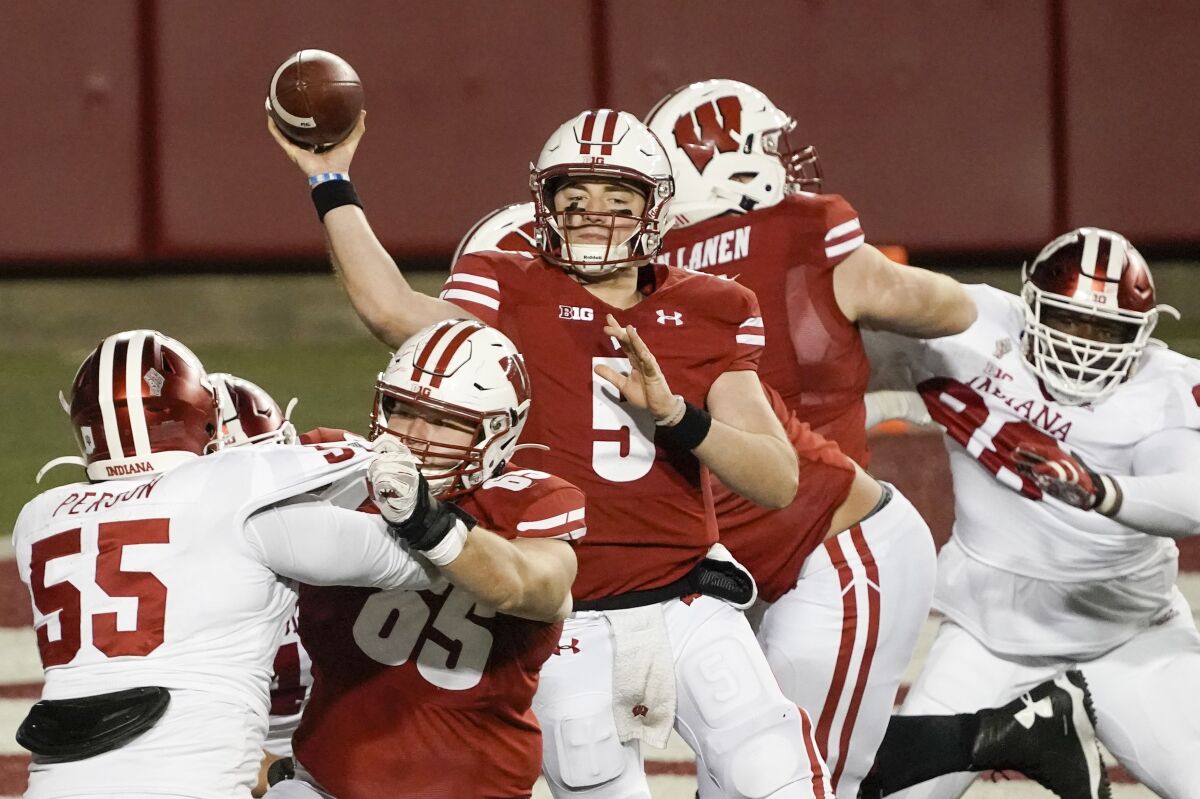 Wisconsin quarterback Graham Mertz passes against Indiana on Dec. 5.
