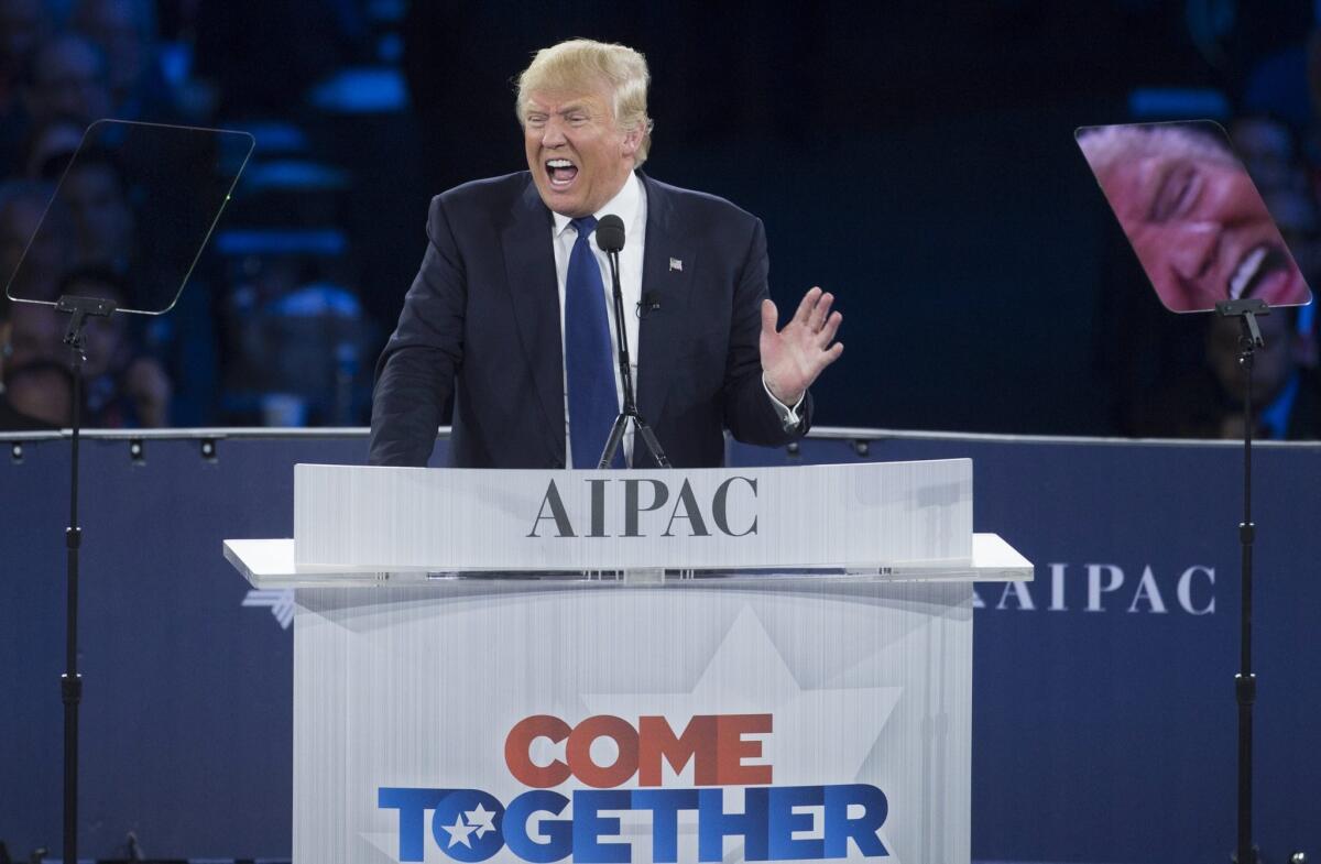 Donald Trump delivers remarks at the American Israel Political Action Committee policy conference in Washington on March 21.