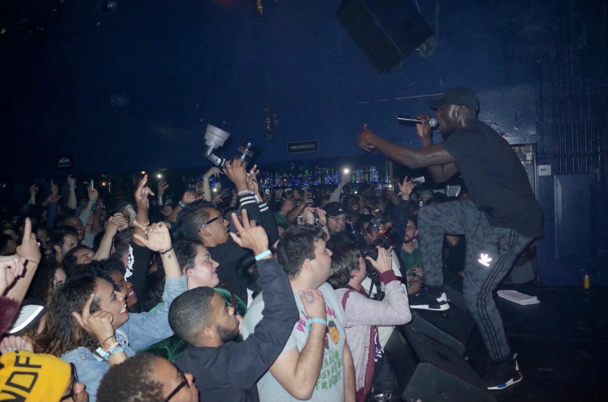 Stormzy during his performance at the Echo on March 23, 2016. (Dexter Thomas / Los Angeles Times)