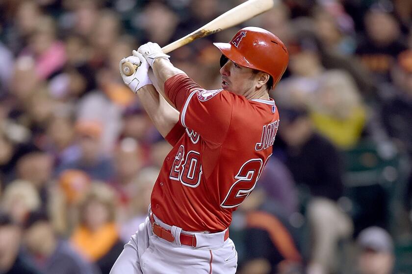 Angels left fielder Matt Joyce hits a run-scoring single against the San Francisco Giants on May 1, after getting to the AT&T Park in plenty of time for the 7:15 p.m. start.