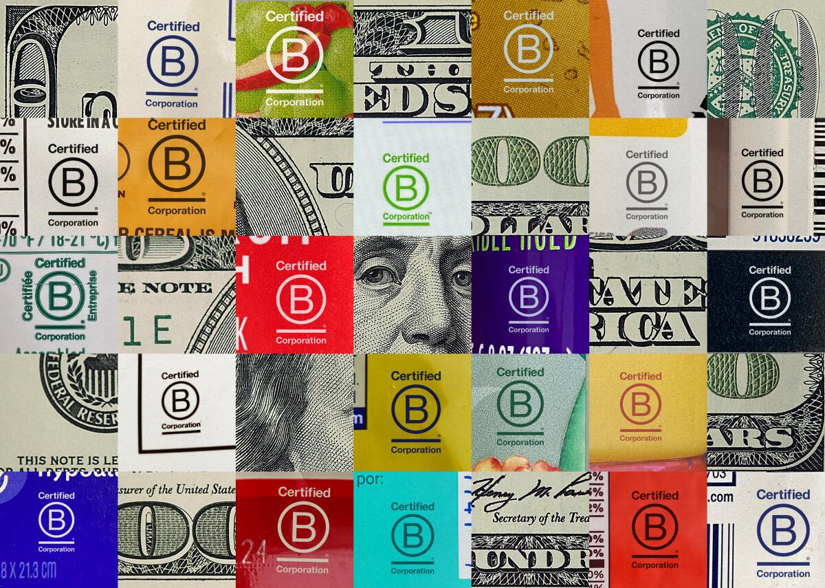 Photo illustration of close-up views of the B Corp logo on labels in a square grid with money