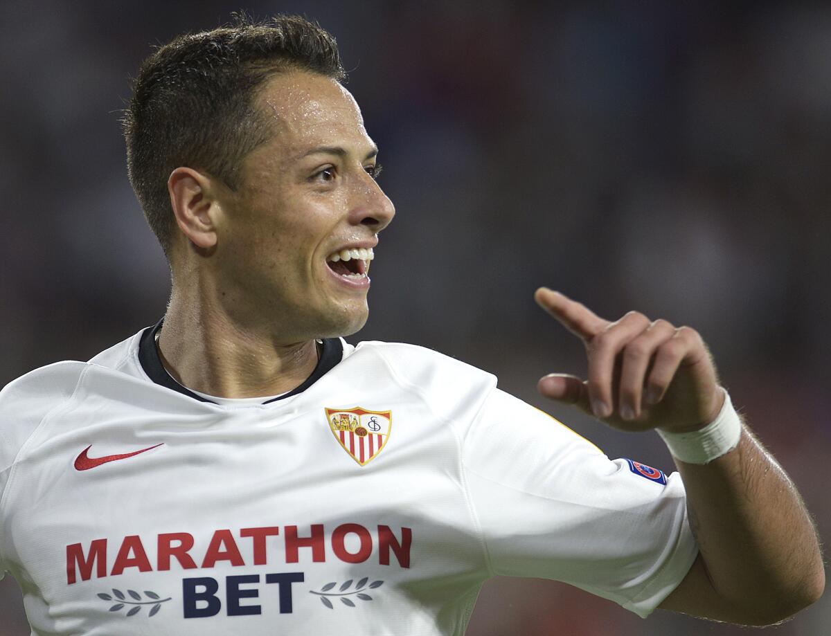 Chicharito celebrates after scoring during the UEFA Europa League in October.