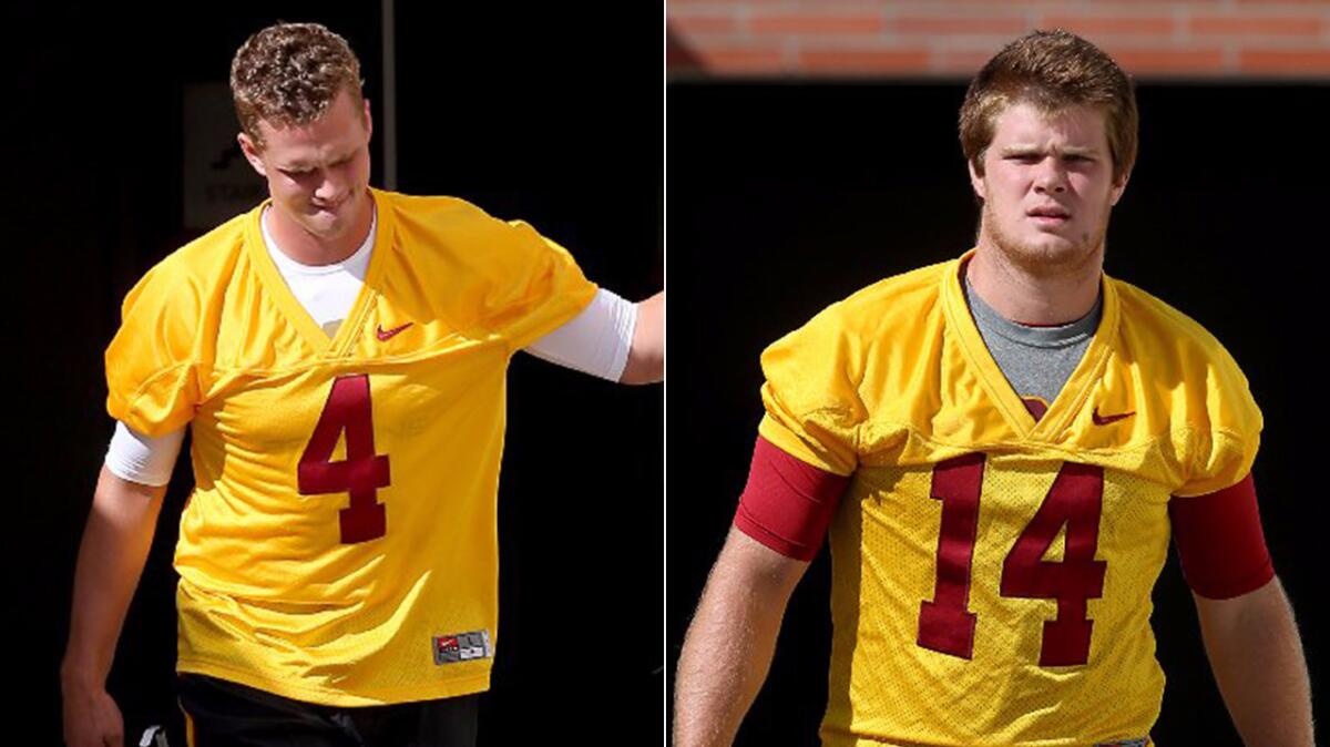 Coach Clay Helton is set to announce Saturday whether Max Browne (4) or Sam Darnold (14) will be USC's starting quarterback for the 2016 season.