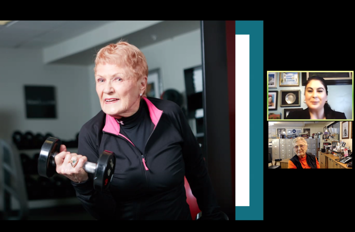 Elaine LaLanne, left, pictured with La Jolla Community Center Executive Director Nancy Walters, speaks via Zoom.