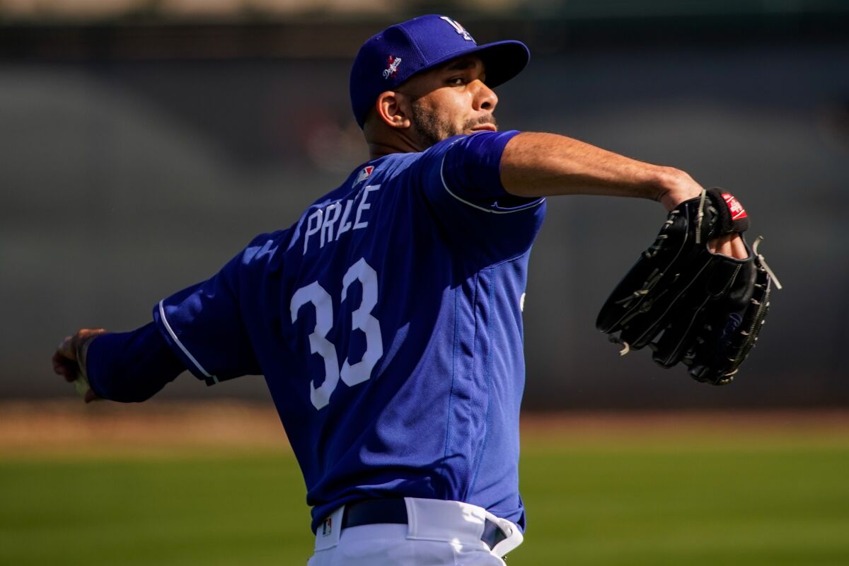 Dodgers pitcher David Price throws during spring training at Camelback Ranch on Feb. 19 in Phoenix.
