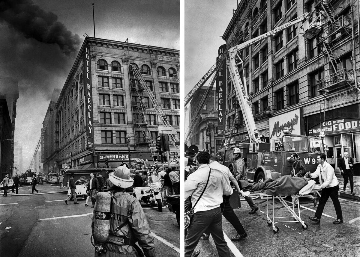 March 15, 1972: In the left photo, smoke billows from a sixth-floor fire at the Barclay Hotel. At right, one of the residents is given oxygen while being moved to an ambulance.