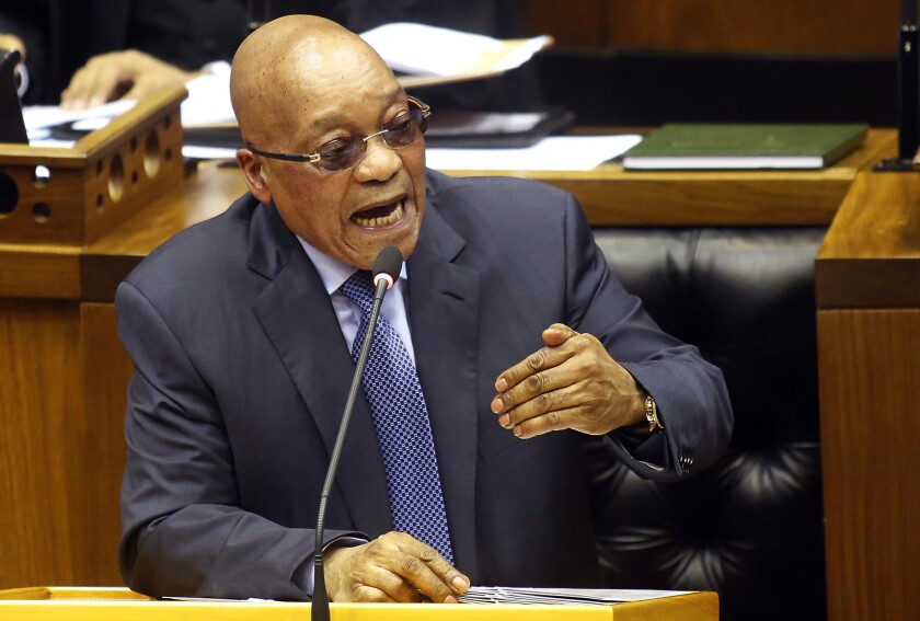 South African President Jacob Zuma answers questions in Parliament this month.