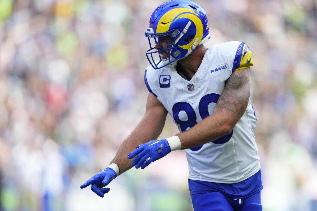  Rams tight end Tyler Higbee gestures during the season opener in Seattle.