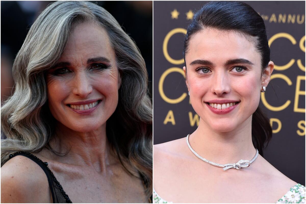 A split image of Andie MacDowell smiling and Margaret Qualley smiling in a silver necklace