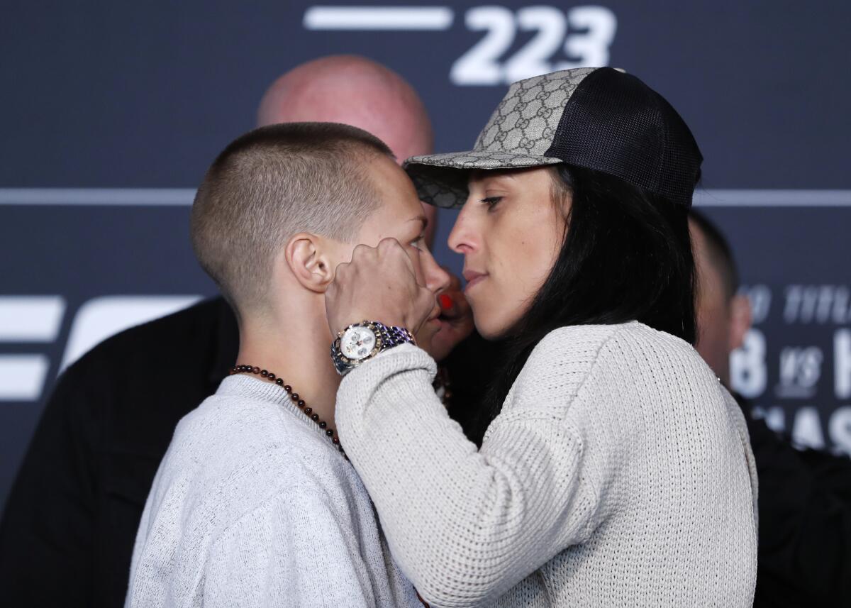 Rose Namajunas, left, faces off against strawweight challenger Joanna Jedrzejczyk.