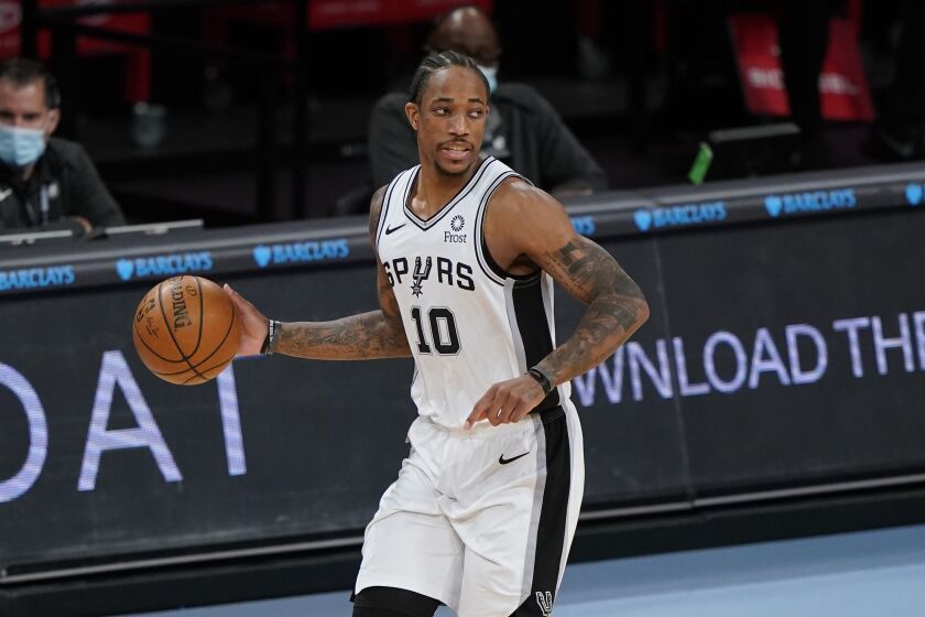 San Antonio Spurs' DeMar DeRozan (10) during the first half of an NBA basketball game against the Brooklyn Nets Wednesday, May 12, 2021, in New York. (AP Photo/Frank Franklin II)