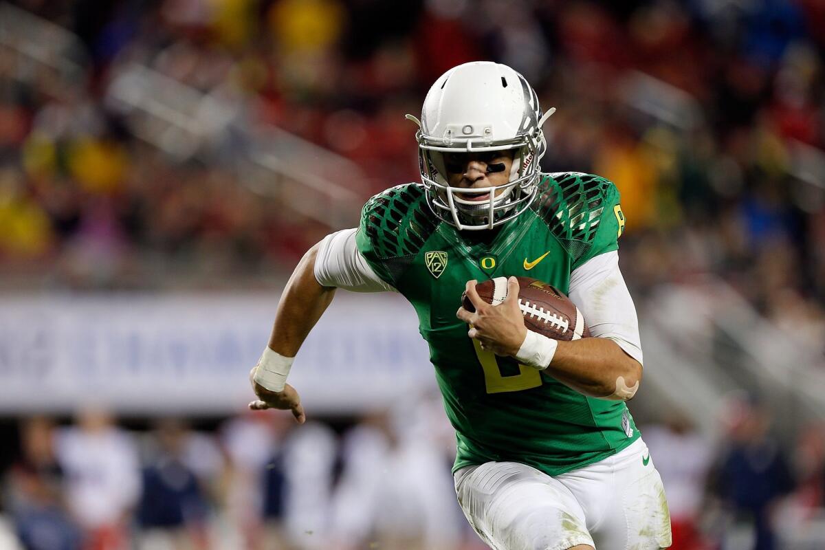 "When there are designed runs for him, it's hard to stop. And then when you do everything right, he pulls it down and runs it," USC Coach Steve Sarkisian said of Oregon quarterback Marcus Mariota.