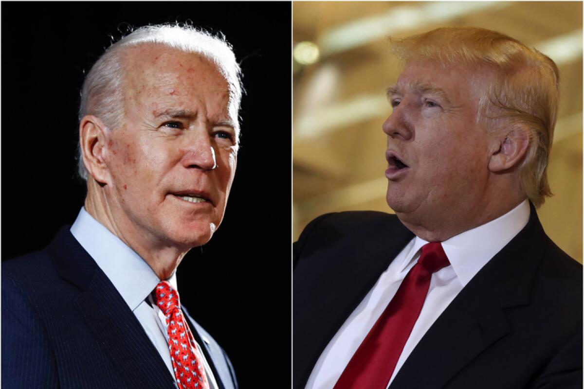 Two side-by-side photos of two older men in dark suits and red ties 