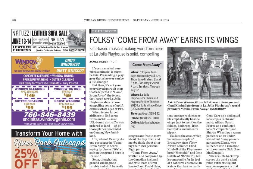  June 13, 2015 page from The San Diego Union-Tribune with theater review of "Come From Away" 