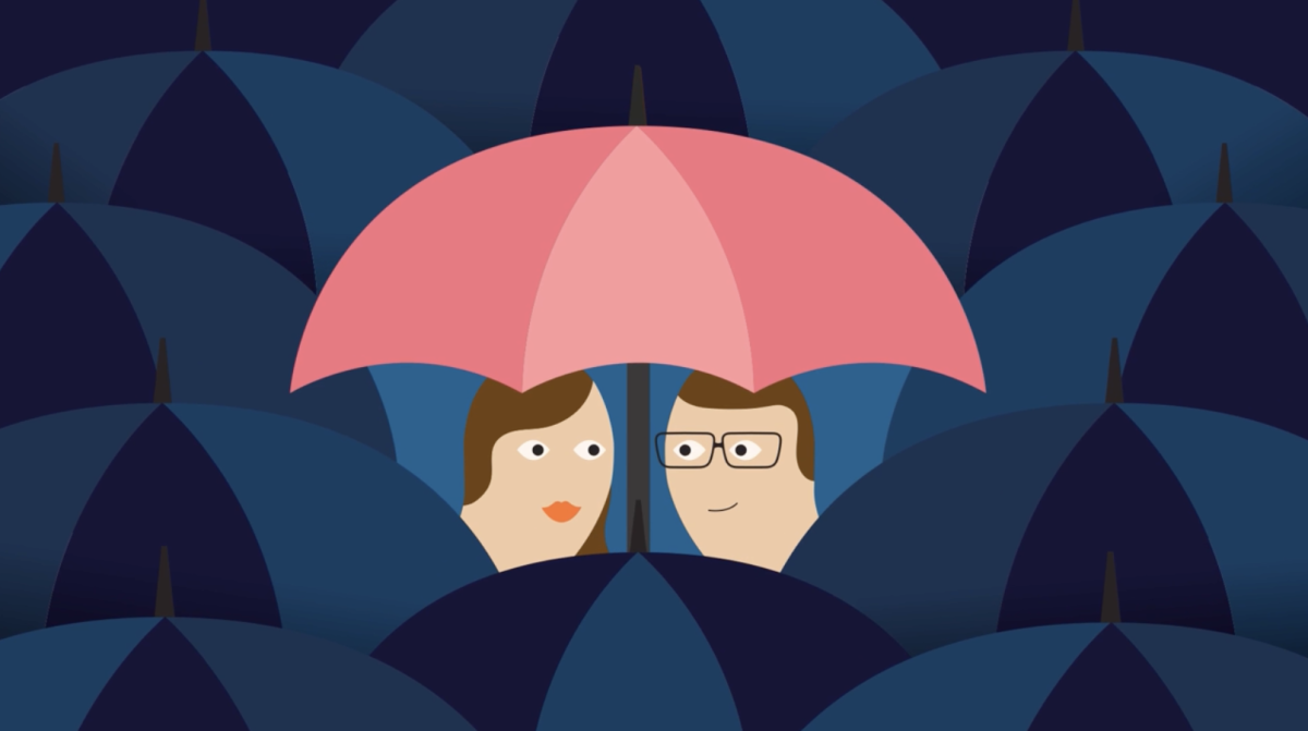 An illustration of a woman and a man underneath a pink umbrella and blue umbrellas surrounding them