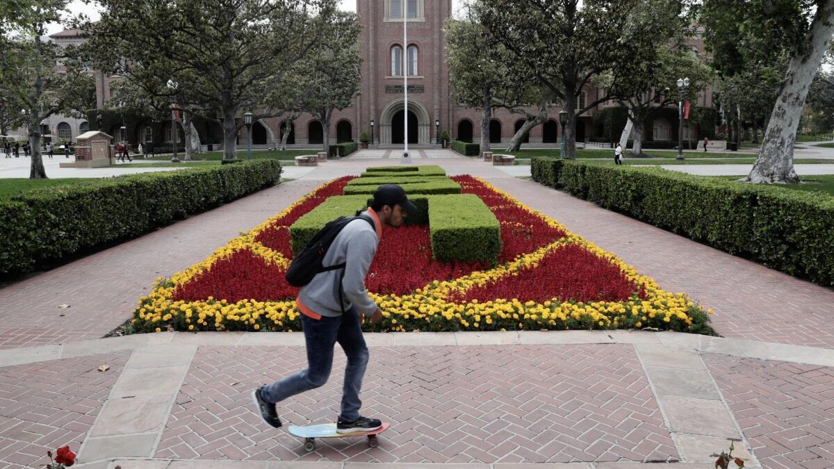 The USC campus and the scene outside Bovard Hall.