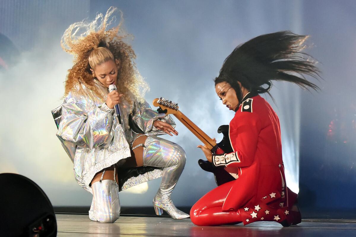 Beyonce Knowles (left) performs on stage during the On the Run II tour opener on June 6 at Principality Stadium in Cardiff, Wales.