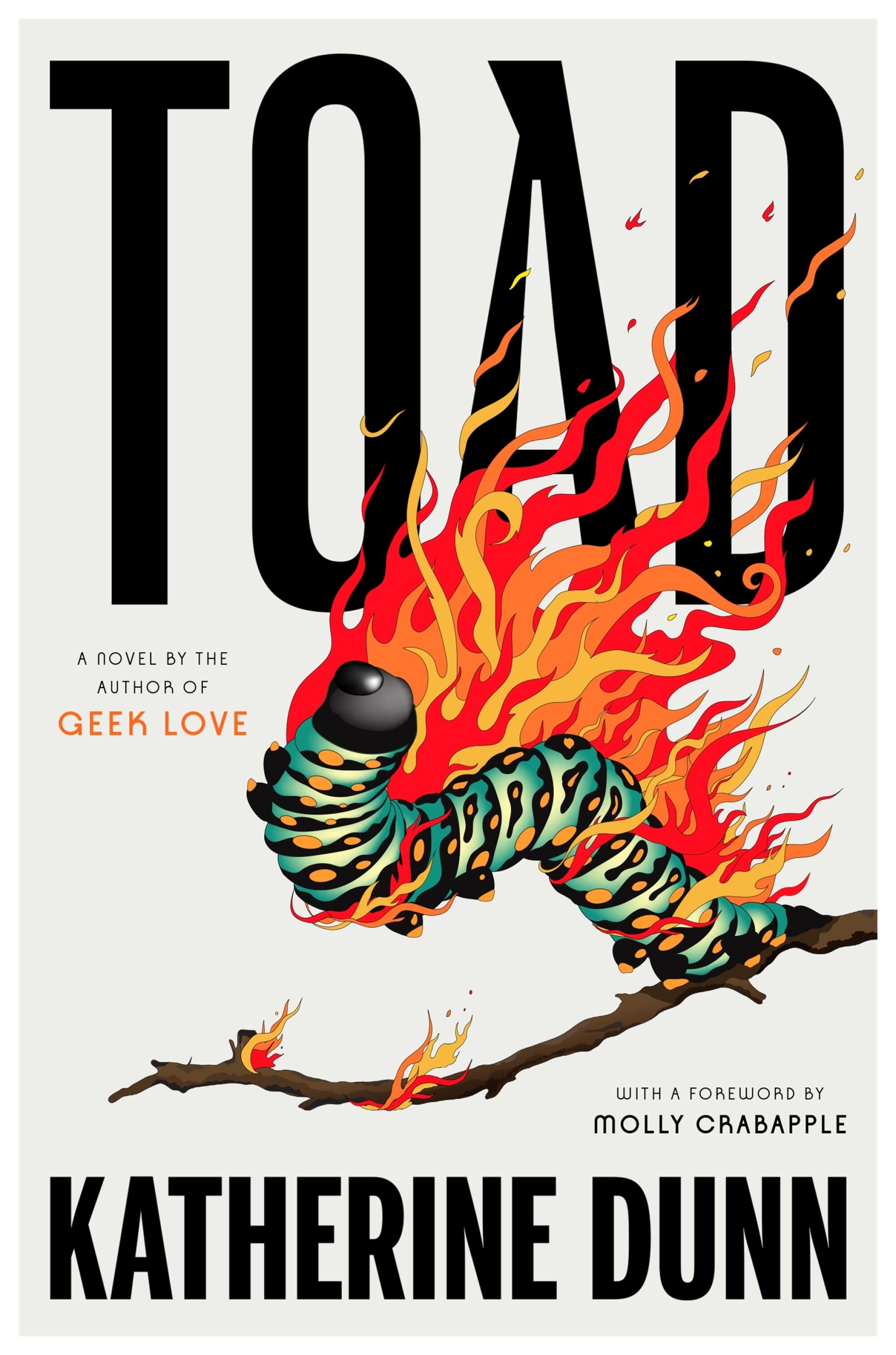 Book cover for "Toad," by Katherine Dunn shows animated caterpillar on fire 