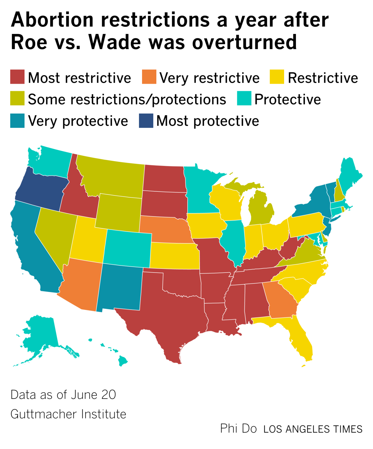 Map showing abortion restrictions a year after Roe vs. Wade was overturned