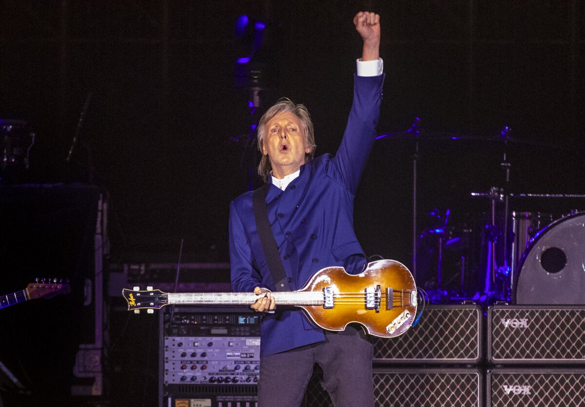 Paul McCartney and his band in concert at SoFi Stadium in Inglewood.