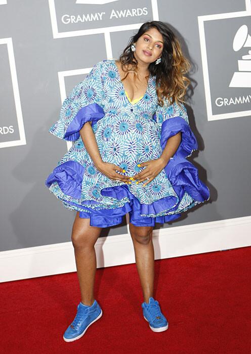 London rapper M.I.A. walked the red carpet on the day that she was supposed to give birth. But the fact that she later performed on stage in an energetic set with Lil' Wayne and others made her appearance one of the highlights of the 2009 Grammys.