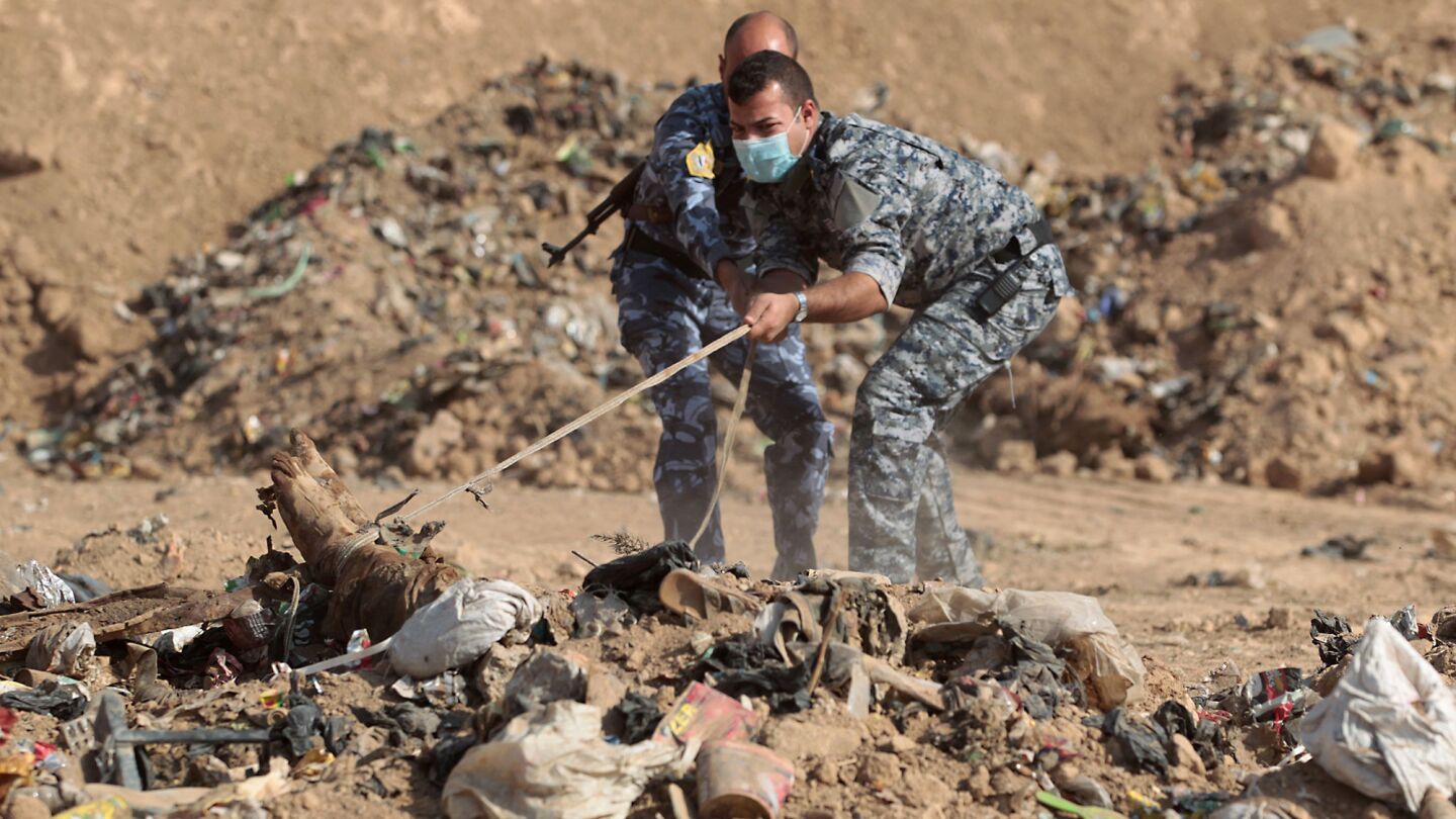 Iraqi police try to pull a body from a mass grave they discovered in the Hamam Alil area on Nov. 7 after they recaptured the area from Islamic State.