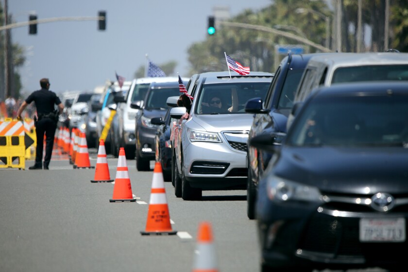 Heavy traffic on Pacific Coast Highway in Huntington Beach.