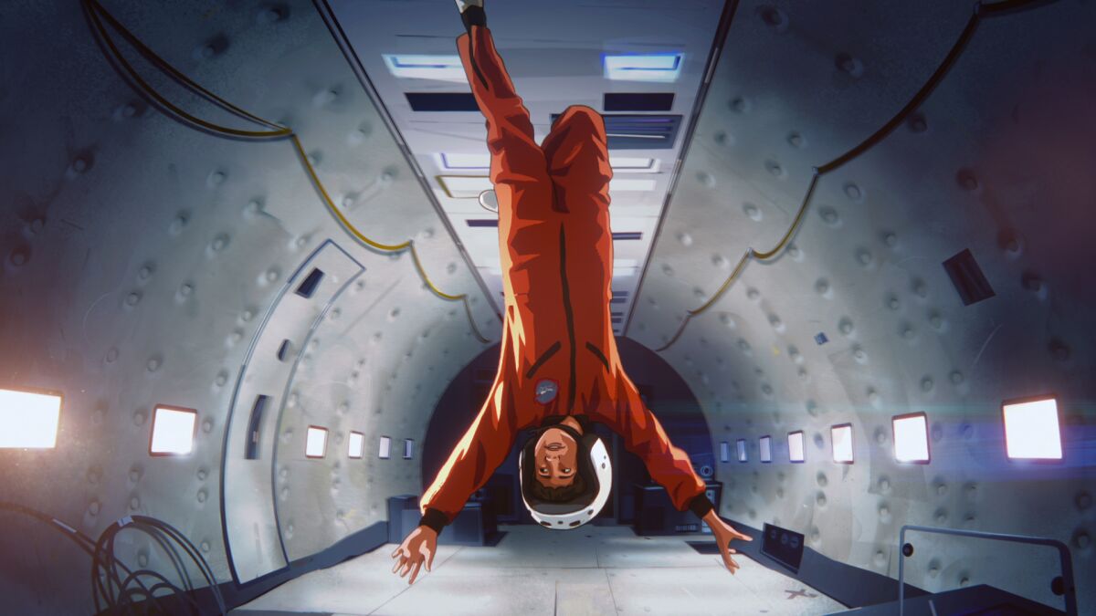 Animation of a child in helmet and NASA jumpsuit hanging weightless upside down inside a space capsule.