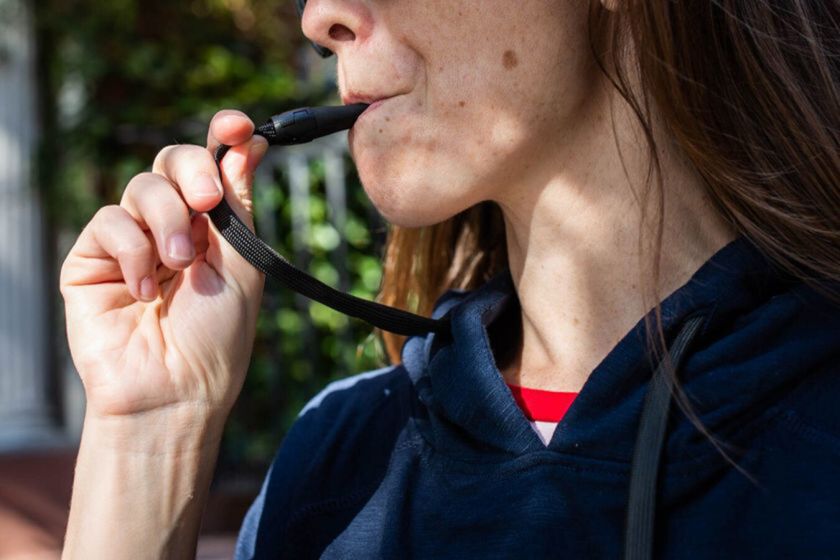 This hoodie doubles as a vaping device. Users can take a puff of nicotine (or marijuana) through the drawstring. (Anna Maria Barry-Jester/California Healthline/Kaiser Health News/TNS) ** OUTS - ELSENT, FPG, TCN - OUTS **